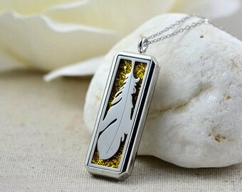 Halsband med aromaterapidiffusor, halsband med blad och eteriska oljor, lavasmycken, silverrektangulärt halsband, hänge med oljediffusor