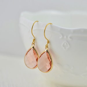 Peach Gold Bridal Drop Earrings, Bridesmaids Drop Glass Wedding Bridesmaids Gift Earrings, Peach Teardrop Dangle Earrings, Bridal Jewellery