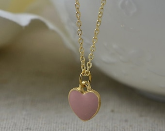 Pink Heart Necklace, Dainty Heart Gold & Pink Necklace Pendant, Heart Jewellery, Minimalist Pink Heart Gold Necklace, Bridesmaids Necklace