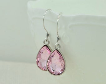 Pink Drop Sterling Silver Earrings, Simple Teardrop Dangle Lightweight Earrings, Elegant Pink Dangle Mothers Day Silver Everyday Jewellery