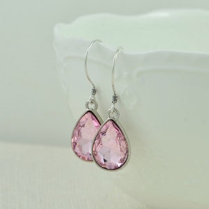 Pink Drop Sterling Silver Earrings, Simple Teardrop Dangle Lightweight Earrings, Elegant Pink Dangle Mothers Day Silver Everyday Jewellery image 1