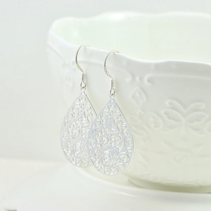 Simple Silver Lightweight Drop Earrings, Elegant Teardrop Filigree Earrings, Everyday Mothers Day Teardrop Bridesmaids Silver Jewellery Gift