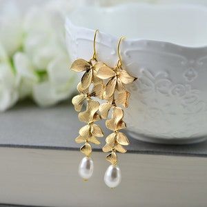 Gold Cascading Flower Pearl Earrings, Swarovski Drop Earrings Pearl Jewellery, Gold Leaf Orchid Floral Bridesmaids Teardrop Earrings Jewelry