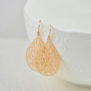 Simple Rose Gold Drop Earrings, Elegant Drop Filigree Rose Gold Earrings, Everyday Mothers Day Teardrop Bridesmaids Rose Gold Jewellery Gift
