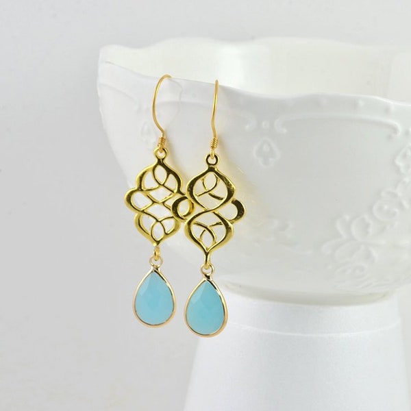 Gold Turquoise Chandelier Earrings, Teardrop Bridesmaids Drop Earrings, Wedding Dangle Earrings, Love Knot Earrings Gold Jewellery Gift