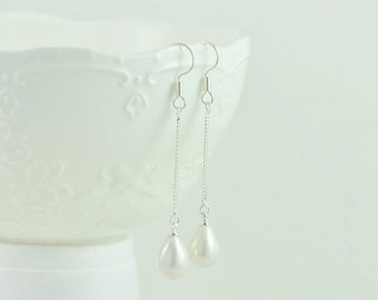Long Silver Drop Earrings, Pearl Teardrop Bridesmaids Earrings, High Quality Teardrop Simple Dangle Earrings, Sterling Silver Hook Jewellery