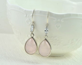 Light Pink Teardrop Earrings, Rose Quartz Drop Earrings, Sterling Silver Bridesmaids Cubic Zirconia Mothers Day Gemstone Earrings Jewellery