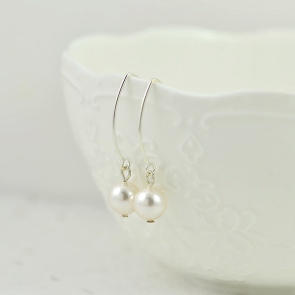 Simple Swarovski Pearl Drop Earrings, Bridesmaids Pearl Earrings, Sterling Silver Teardrop Earrings, Bridal Jewellery, Round Dangle Earrings