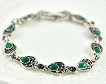 Antique Style Silver Emerald Bracelet, Silver Crystal Bracelet, Green Bridal Bracelet, Emerald Bridesmaids Turkish Style Bracelet Jewellery