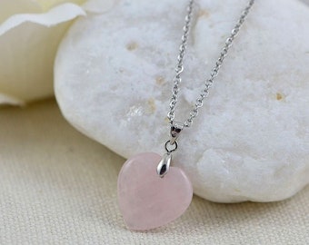 Rose Quartz Gemstone Heart Necklace, Rose Quartz Heart Gemstone Necklace Pendant, Pink Jewellery Minimalist Heart Silver Necklace