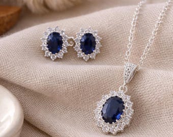 Blue Sapphire CZ Necklace Set · Halo Crystal Earrings · Navy Blue Jewellery Set · Gift for Her · Bridal Jewellery Set