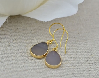 Gorgeous Grey Gemstone Earrings, Genuine Agate Stone Earrings, Vermeil Earrings Hooks, Teardrop Gemstone Jewellery, Elegant Dangle Earrings