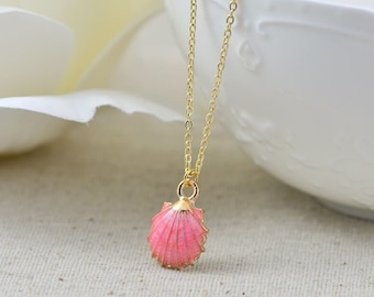 Pink Sea Shell Gold Necklace Jewellery, Dainty Pink Gold Sea Shell Necklace, Minimalist Bridesmaids Dainty Dangle Blush Pink Jewellery