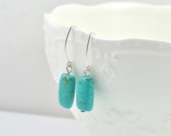 Simple Turquoise Gemstone Earrings, Sterling Silver Earrings, Blue Earrings, Rectangle Gemstone Jewellery, Elegant Turquoise Dangle Earrings