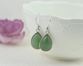 Light Mint Green Teardrop Earrings, Green Aventurine Drop Earrings, Sterling Silver Bridesmaids Mothers Day Gemstone Earrings Jewellery