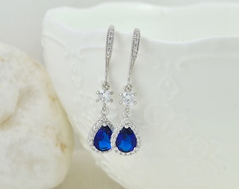 Sapphire Bridesmaids Crystal Earrings, Navy Blue Sapphire Bridal Earrings, Silver Wedding Jewellery, Dark Blue Teardrop Earrings Gift