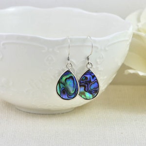 NewZealand Abalone Style Earrings Paua Shell Sterling Silver Earrings, Hypoallergenic Teardrop Dark Blue Sapphire Turquoise Abalone Earring