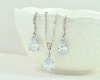 Silver Bridal Crystal Earrings Jewellery Set, Cubic Zirconia Bridesmaids Teardrop, Bridal Necklace Drop Jewelry Set, Bridesmaids Wedding Set