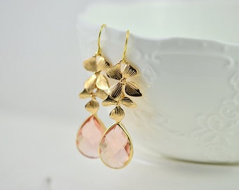 Gold Peach Floral Bridal Earrings, Cubic Zirconia Crystals Drop Bridesmaids Earrings Wedding Jewelry, Gold Cascading Flower Jewellery