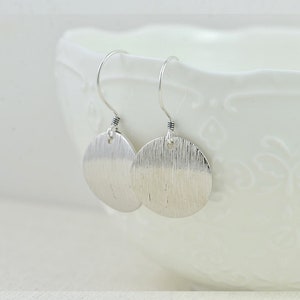 Brushed Silver Disc Earrings, Sterling Silver Hooks Drop Earrings, Vintage Style Round Hammered Earrings Jewellery, Minimalist Earrings