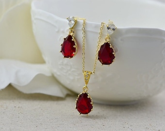 Gold Ruby Crystal Drop Jewellery Set, Cubic Zirconia Ruby Earrings set, Red Drop Necklace Set, Ruby Bridal Wedding Jewelry Set, Gift for Her