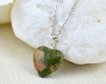 Unakite Gemstone Heart Necklace, Unakite Heart Pendant Necklace, Green and Pink Jewellery Minimalist Heart Silver Necklace, Mothers Day Gift