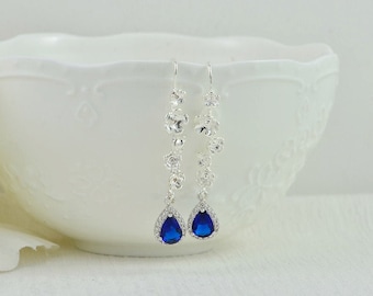 Sapphire Crystal Drop Silver Earrings, Floral Long Teardrop Jewellery, Bridesmaids Dangle Sapphire Cubic Zirconia Earrings, Birthday Gift