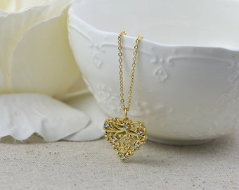 Gold Chandelier Heart Necklace, Cubic Zirconia Studded Elegant Drop Filigree Gold Necklace, Everyday Necklace, Bridesmaids Gold Jewellery