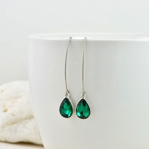 Long Drop Emerald Silver Earrings, Simple Stainless Steel Hooks Teardrop Earrings Elegant Green Dangle Mothers Day Silver Everyday Jewellery