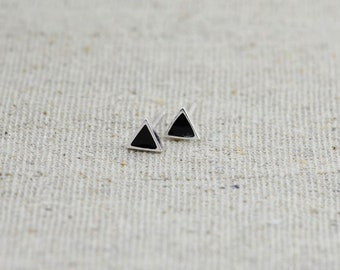 Dainty Sterling Silver Black Stud Earrings Triangle Jewellery, Black Stud Earrings, Hypoallergenic Elegant Silver Stud Minimalist Earrings