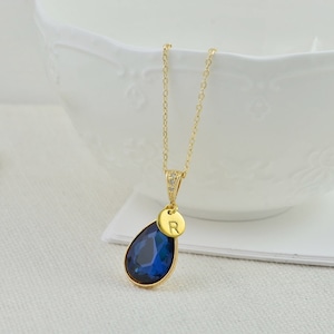 Sapphire Personalised Bridesmaids Necklace, Drop Elegant Navy Blue Teardrop Initials Gold Necklace Jewellery Simple Letter Sapphire Necklace