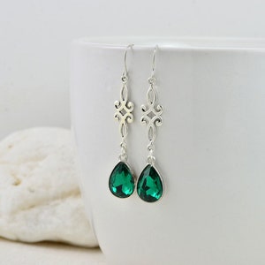 Emerald Drop Filigree Silver Earrings, Sterling Silver Hooks Teardrop Earrings, Simple Green Dangle Earrings Mothers Day Everyday Jewelry