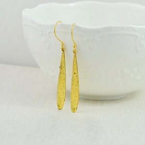 Gold Long Hammered Bar Earrings, Long Stick Dangle Gold Drop Earrings, Minimalist Gold Thin Earrings, Rustic Lightweight Earrings Jewelry