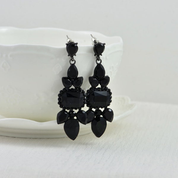 Jet Black Earrings, Bridesmaids Chandelier Earrings, Black Antique Silver Bridal Jewellery, Gothic Long Stud Earrings, Long Dangle Earrings