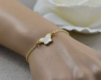 Dainty Gold Butterfly Bracelet Jewellery, Gold Overlay Butterfly White Shell Bracelet, Elegant Bridesmaids White Shell Bracelet Gift