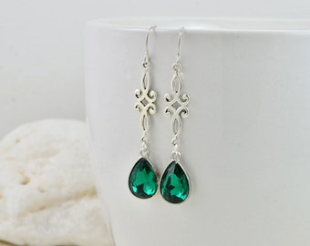 Emerald Drop Filigree Silver Earrings, Sterling Silver Hooks Teardrop Earrings, Simple Green Dangle Earrings Mothers Day Everyday Jewelry