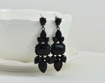 Jet Black Earrings, Bridesmaids Chandelier Earrings, Black Antique Silver Bridal Jewellery, Gothic Long Stud Earrings, Long Dangle Earrings