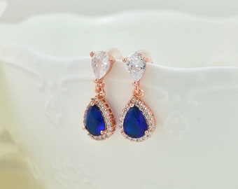 Dainty Sapphire Rosegold Earrings, Crystal Bridal Earrings, Sapphire Wedding Jewellery, Blue Silver Drop Jewellery set, Blue Necklace