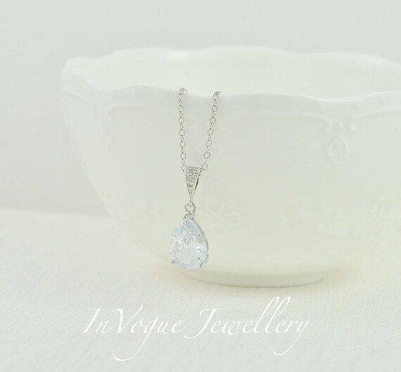 Silver Bridal Crystal Drop Necklace, Cubic Zirconia Teardrop