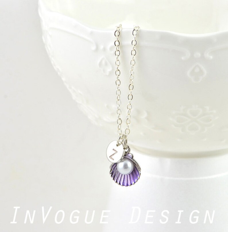 Simple Letter Necklace Personalised Purple Necklace Pearl Silver Necklace Purple Dainty Silver Personalised Initial Tiny SeaShell Necklace