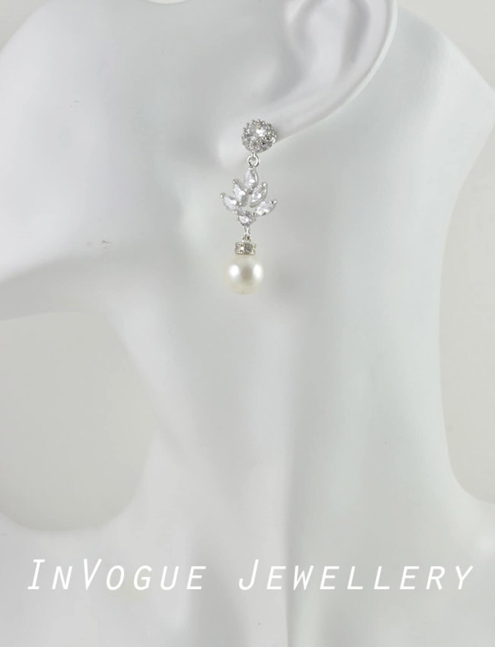 Silver-plated Vintage Earrings WEDDING With Glass Pearl In Drop Shape, Bridal Jewelry, Bridal Earrings, Festive Earrings, Vintage Jewelry - UK