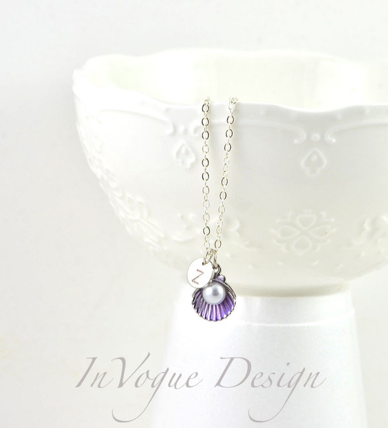 Simple Letter Necklace Personalised Purple Necklace Pearl Silver Necklace Purple Dainty Silver Personalised Initial Tiny SeaShell Necklace