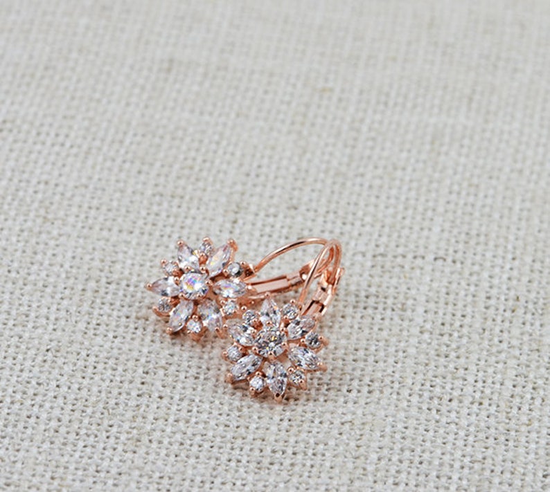 Bridal Flower Earrings Wedding Jewelry Bridesmaids Cubic Zirconia Earrings Lever Back Crystal Earrings Floral Rose Gold Earrings