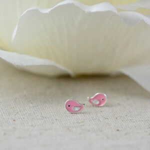 Sterling Silver Pink Bird Girl Stud Earrings Jewellery, Dainty Light Pink Earrings, Hypoallergenic Elegant Minimalist Silver Stud