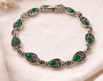 Antique Style Silver Emerald Bracelet, Silver Crystal Bracelet, Green Bridal Bracelet, Emerald Bridesmaids Turkish Style Bracelet Jewellery