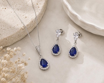 Blue Sapphire Jewellery Set, Teardrop Necklace Earrings, Wedding Jewellery, Crystal Bridal Set, Bridesmaid Gift