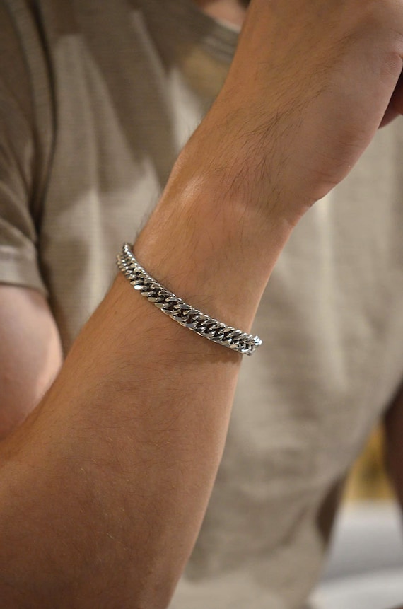 Men Silver 8mm Double Curb Chain Bracelet, Flat Curb Miami Chain