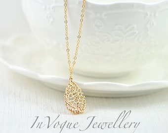 Simple Gold Drop Necklace, Elegant Drop Filigree Gold Necklace, Everyday Mothers Day Teardrop Necklace, Bridesmaids Gold Jewellery Gift