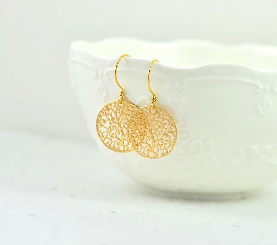 Buy Elegant 24k Gold Drop Earrings Light Weight Round Filigree