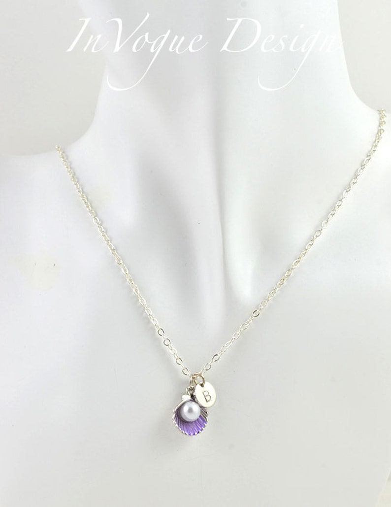Simple Letter Necklace Personalised Purple Necklace Pearl Silver Necklace Purple Dainty Silver Personalised Initial Tiny SeaShell Necklace